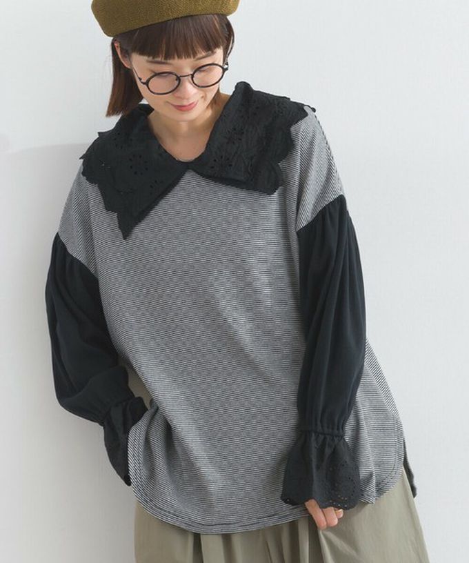 日本 Lupilien - 精緻蕾絲領落肩喇叭袖上衣-米杏