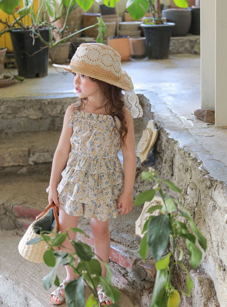 韓國 Puellaflo - 碎花三層蛋糕褲裙-黃花(杏底)