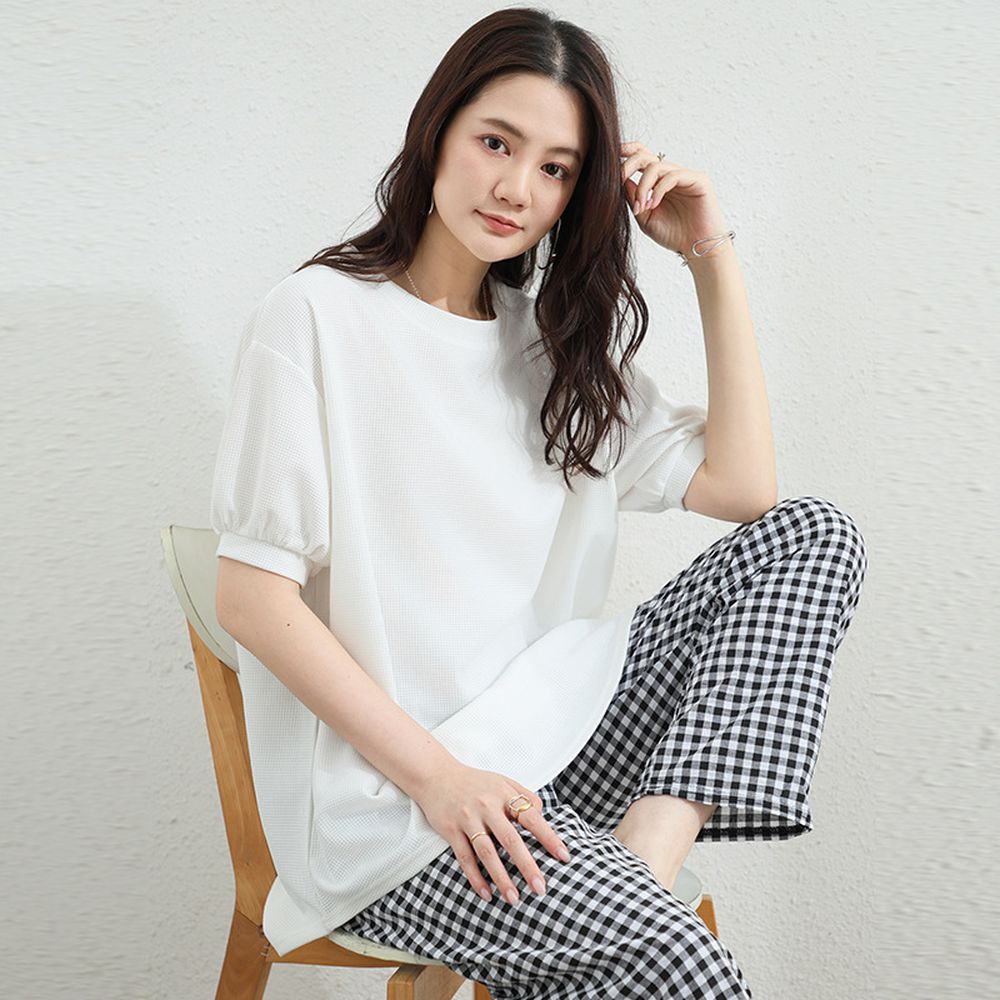 甜美華夫格燈籠袖長版上衣-白色 (F)