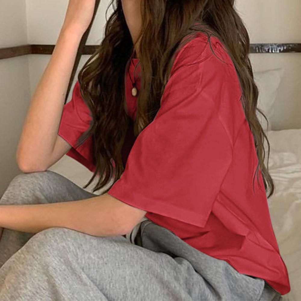 胸前口袋素面百搭T恤-紅 (F)