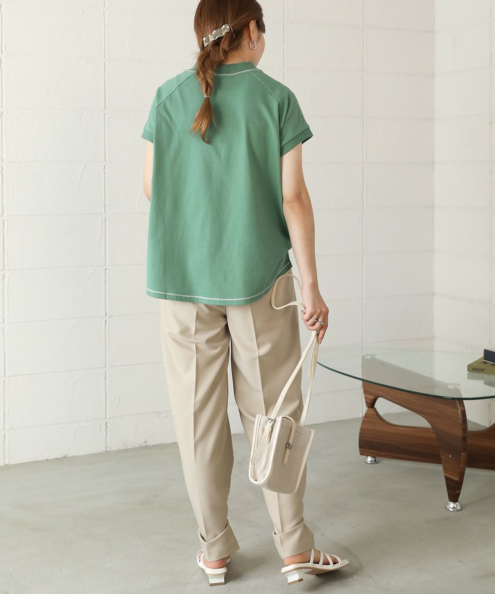 日本 Bou Jeloud - 接觸涼感 UV CUT 純美國棉短袖修身素T-撞色線條-綠