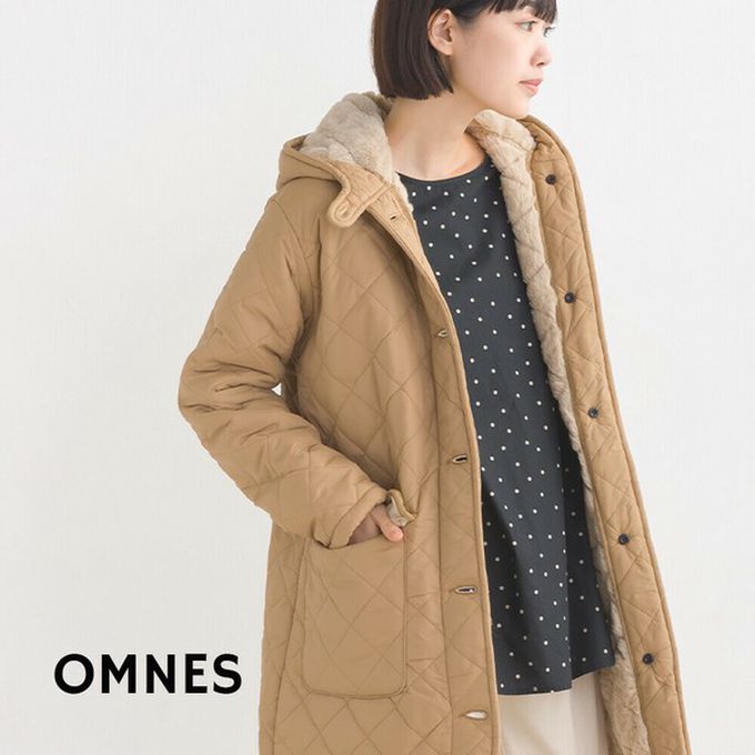 日本 OMNES - 厚刷毛衍縫鋪棉長版連帽保暖外套-杏 (M)