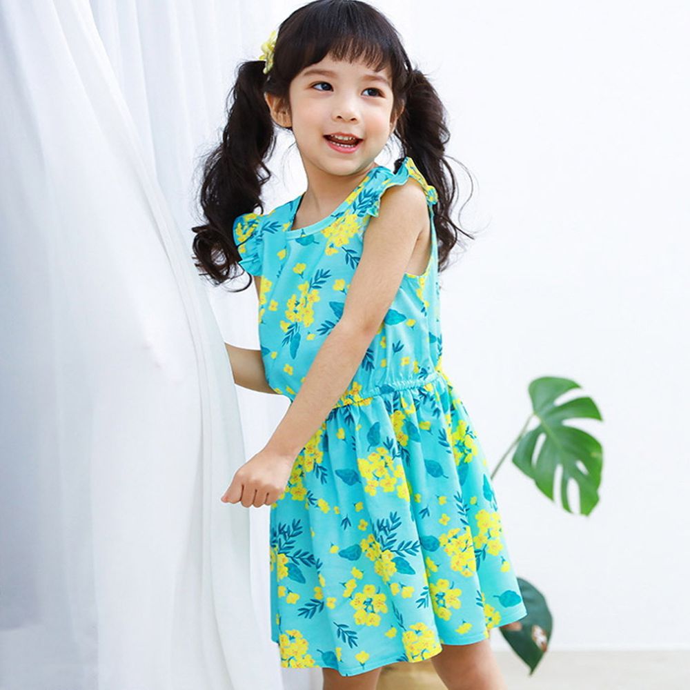 韓國 Ppippilong - 天然纖維涼感洋裝-薄荷花朵