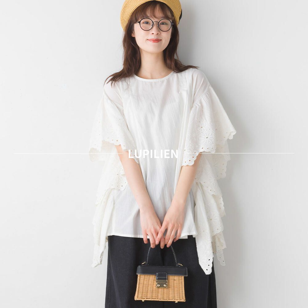 日本女裝代購 - 文藝刺繡大波浪寬鬆短袖上衣-經典黑