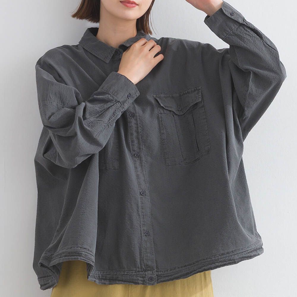 復古紋理率性抽繩純棉落肩襯衫-炭灰