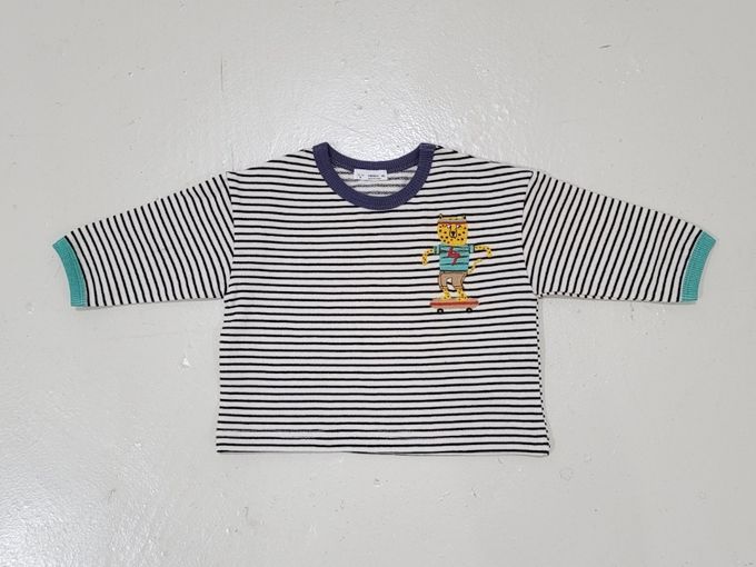 韓國 Mimico - 條紋圓領長袖上衣-花豹滑板-黑灰