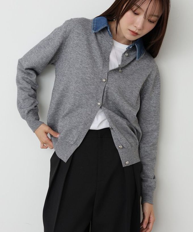 日本 Bab - 牛仔領時尚休閒感針織開襟衫-海軍藍