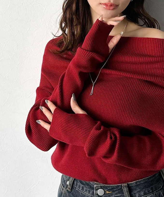 日本 Classical Elf - 華麗一字領羅紋長袖上衣(指孔設計)-灰