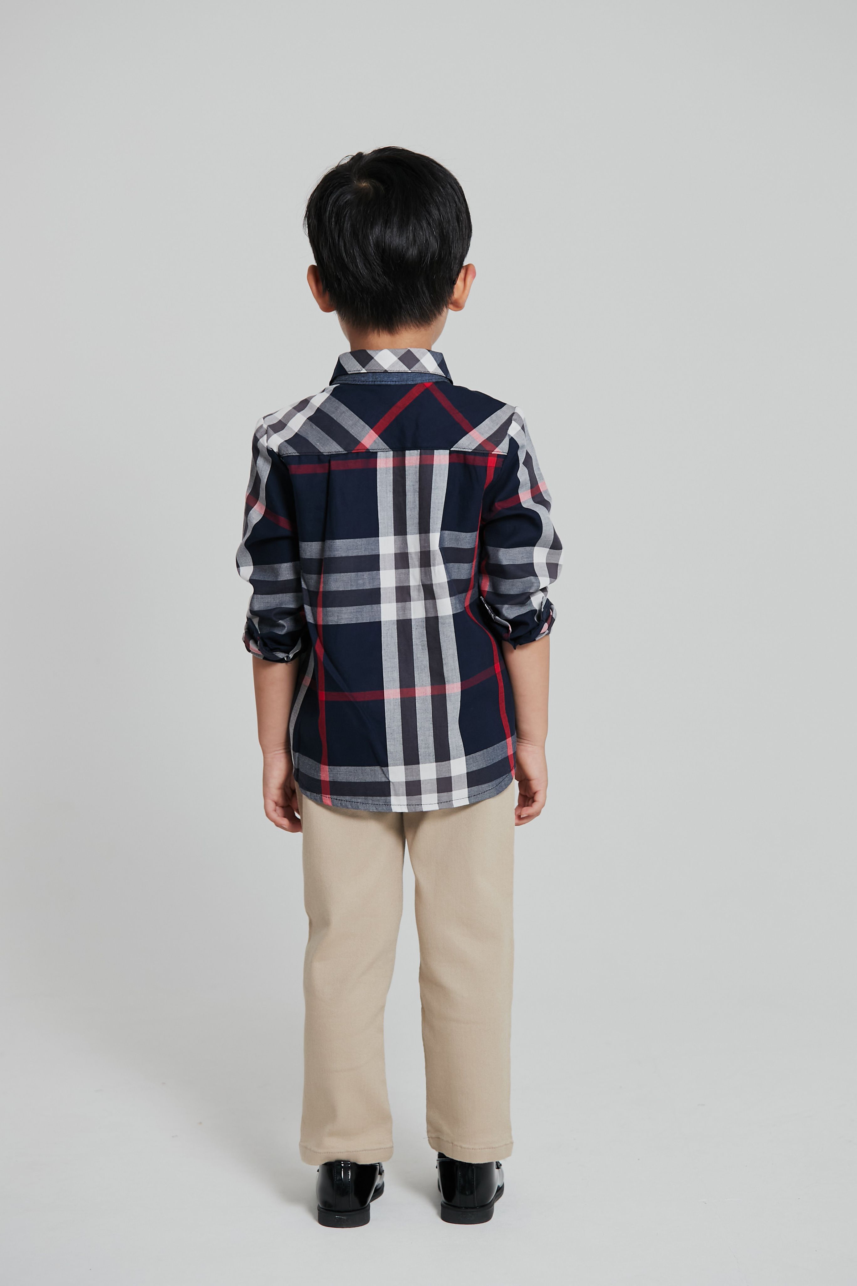 韓國 Coco Bang - 英式雙色格紋翻領長袖襯衫-深藍