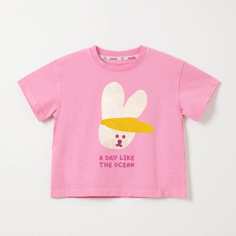 100%澳洲棉純粹呼吸短袖上衣-戴帽兔子-粉紅