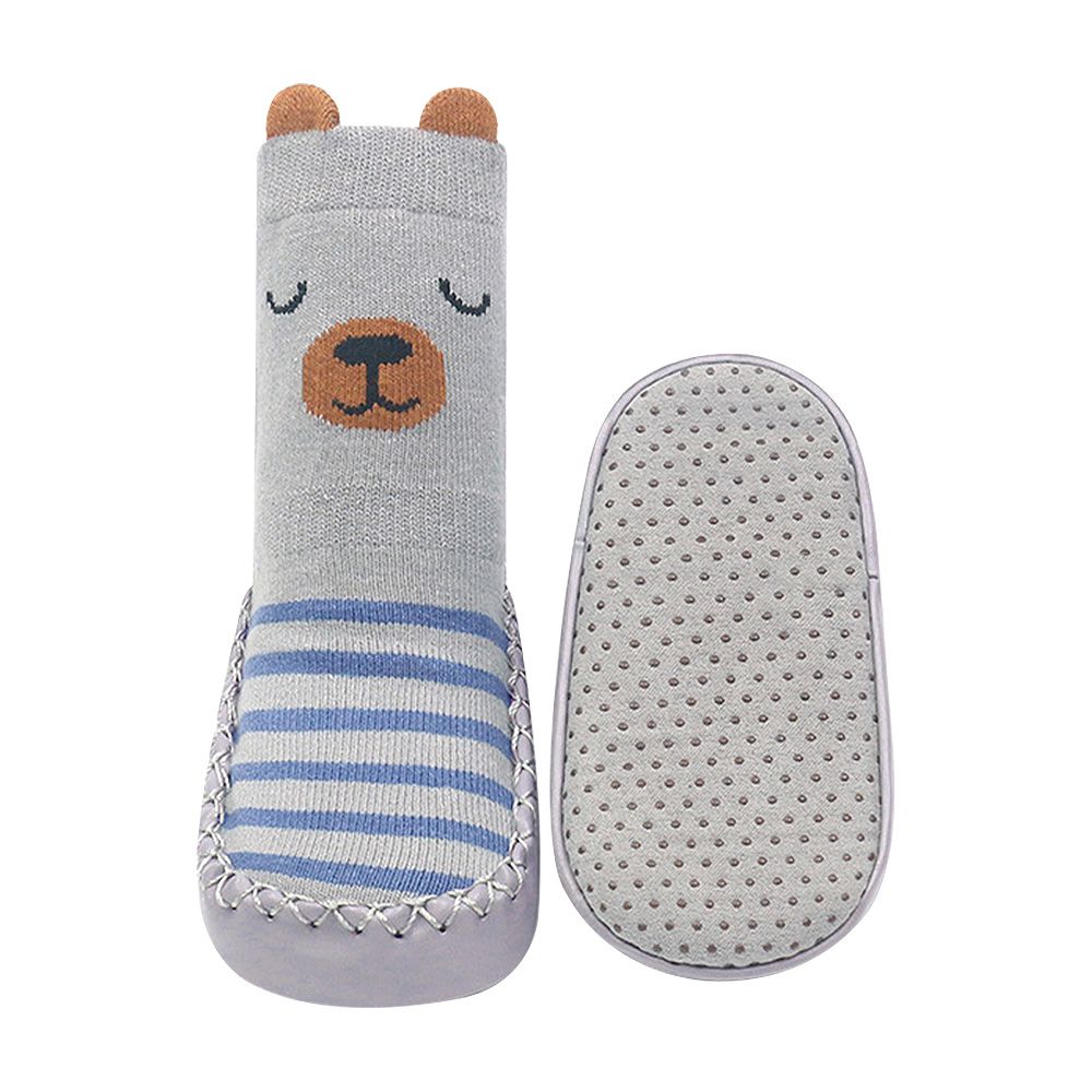 2雙入-防滑寶寶學步鞋 嬰兒軟底室內鞋 地板襪-灰色小熊+隨機一雙