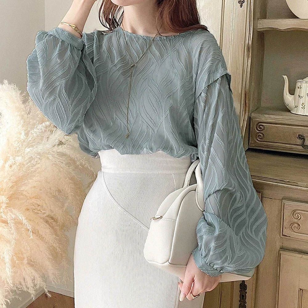 波光粼粼刺繡透膚2way長袖襯衫-冰河藍