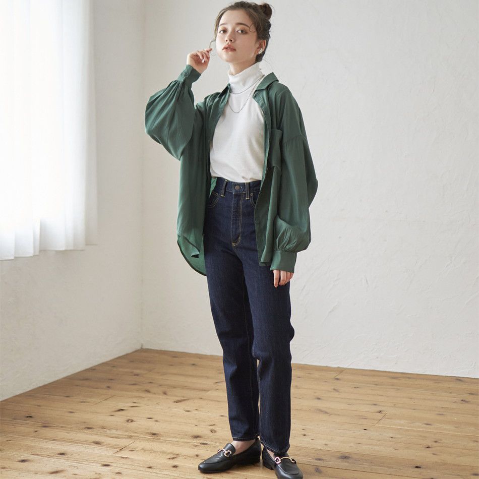 日本 Rejoule - 柔軟彈性立領長袖上衣/打底衫-米白