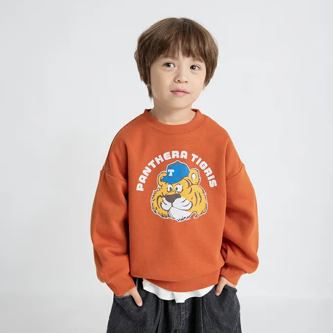 日本 BRANSHES - 裏起毛 舒適縮口長袖上衣-老虎-寶藍