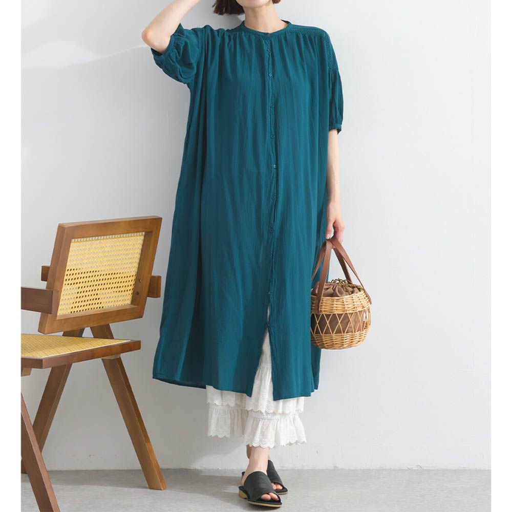 100%印度棉 輕盈巴里紗襯衫洋裝-藍綠