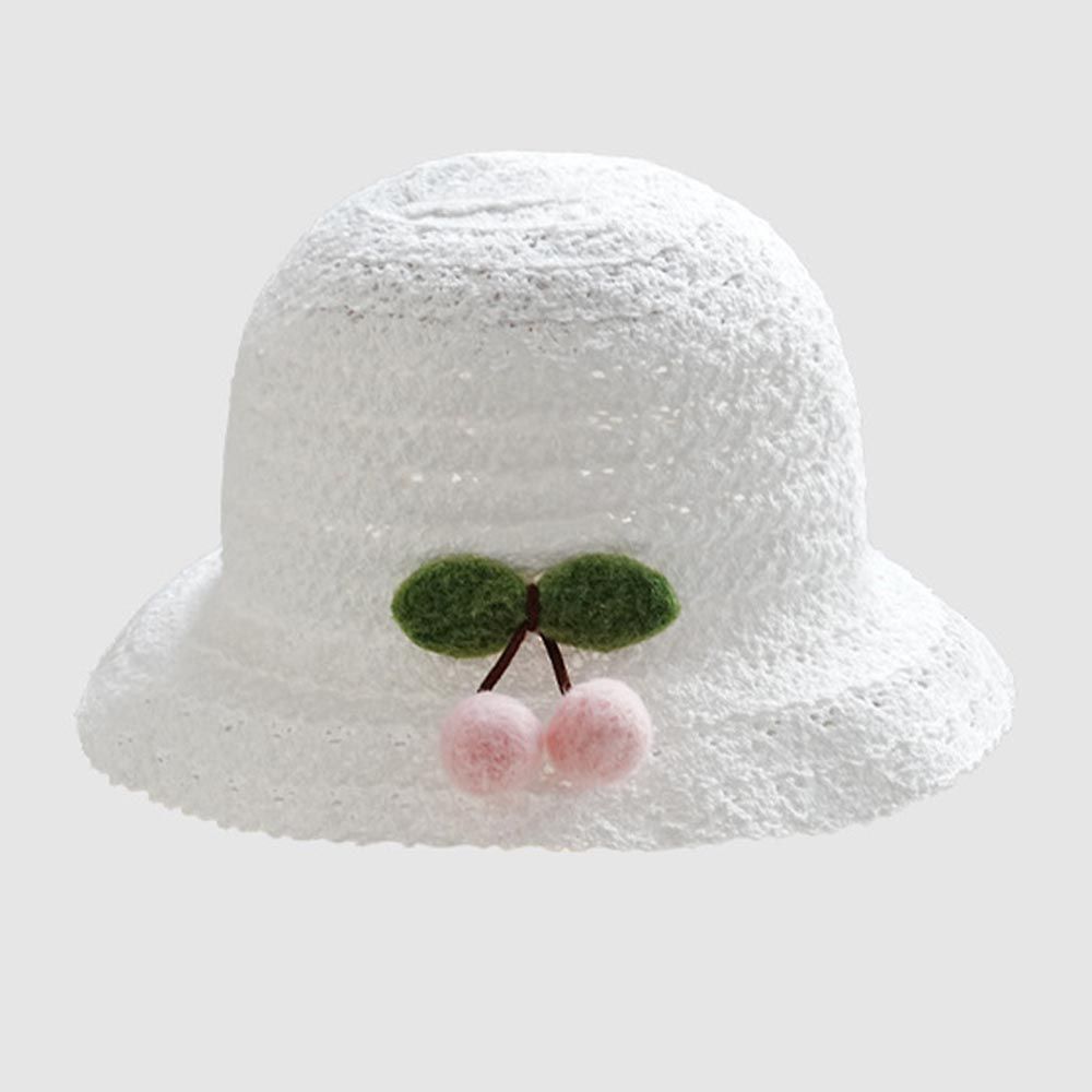 可捲收透氣網眼蕾絲防曬遮陽帽-立體櫻桃-白色