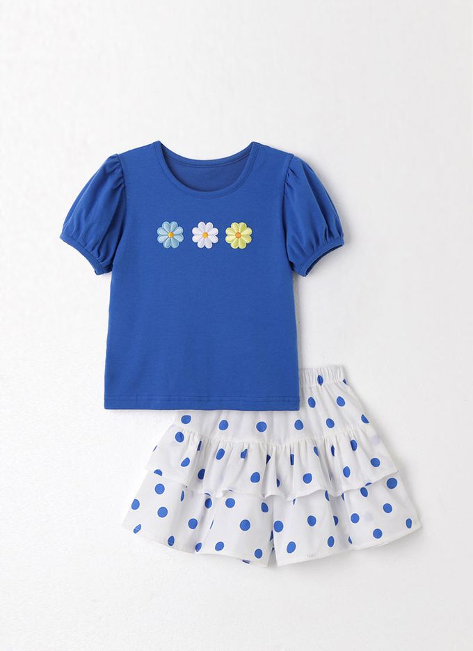 韓國 OZKIZ - 刺繡圓花裝飾層次短袖套裝-寶藍X白