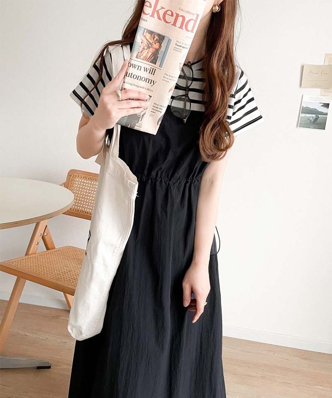 日本 Classical Elf - 法式袖拼接縮腰抽繩洋裝-條紋x黑