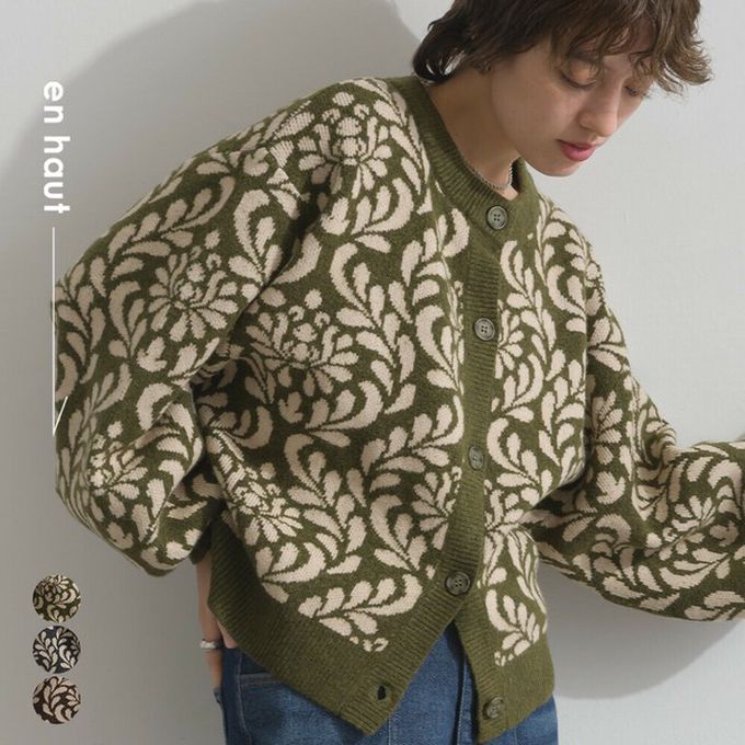 日本 Lupilien - 盛開花卉針織寬袖開襟衫/外套-炭灰