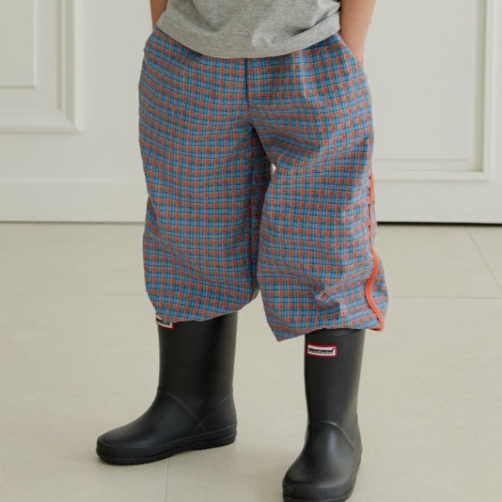 ERINJ 鬆緊腰撞色格紋純棉縮口褲-橘線條-藍紫X橘