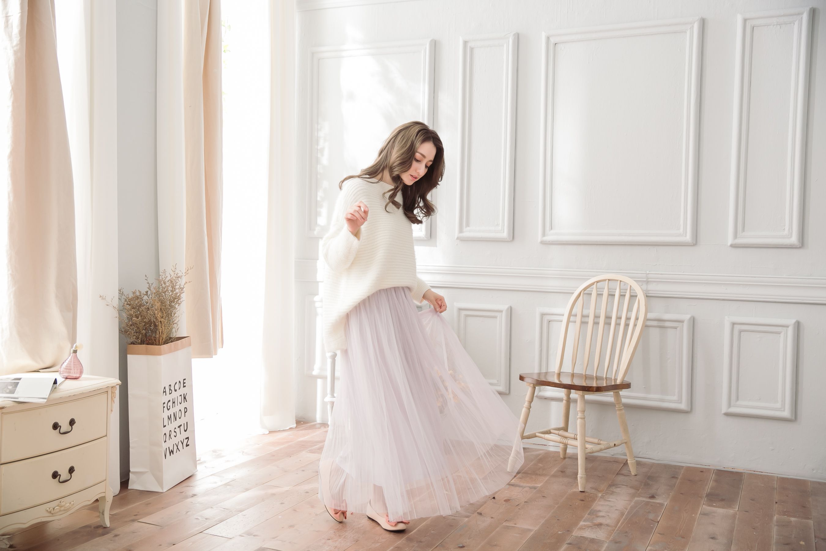 Peachy - 獨家訂製綿柔優雅綁帶百褶紗裙-綁帶百褶版-淺芋灰 (F)