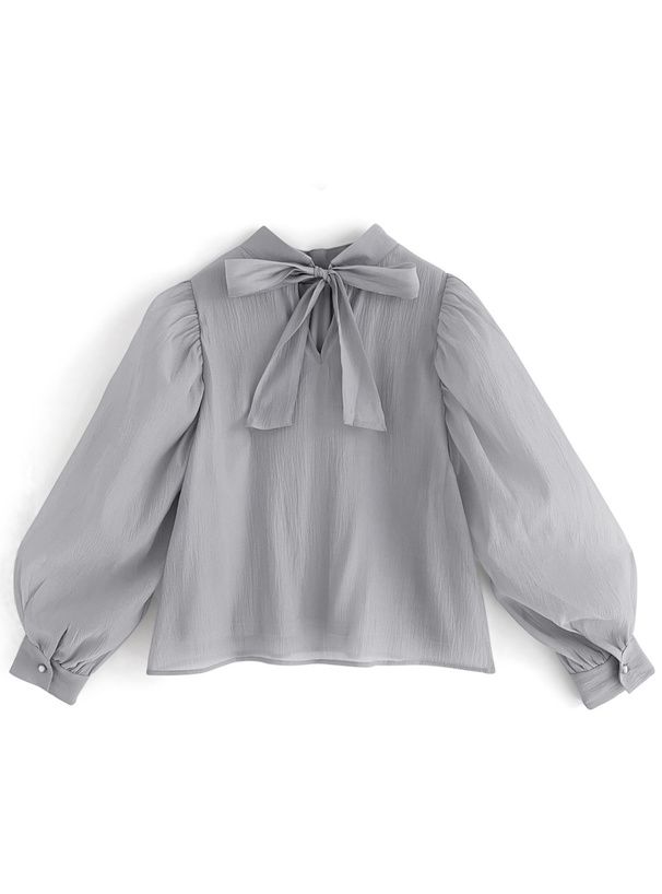 日本 GRL - 夢幻薄紗後綁帶長袖上衣-白 (F)