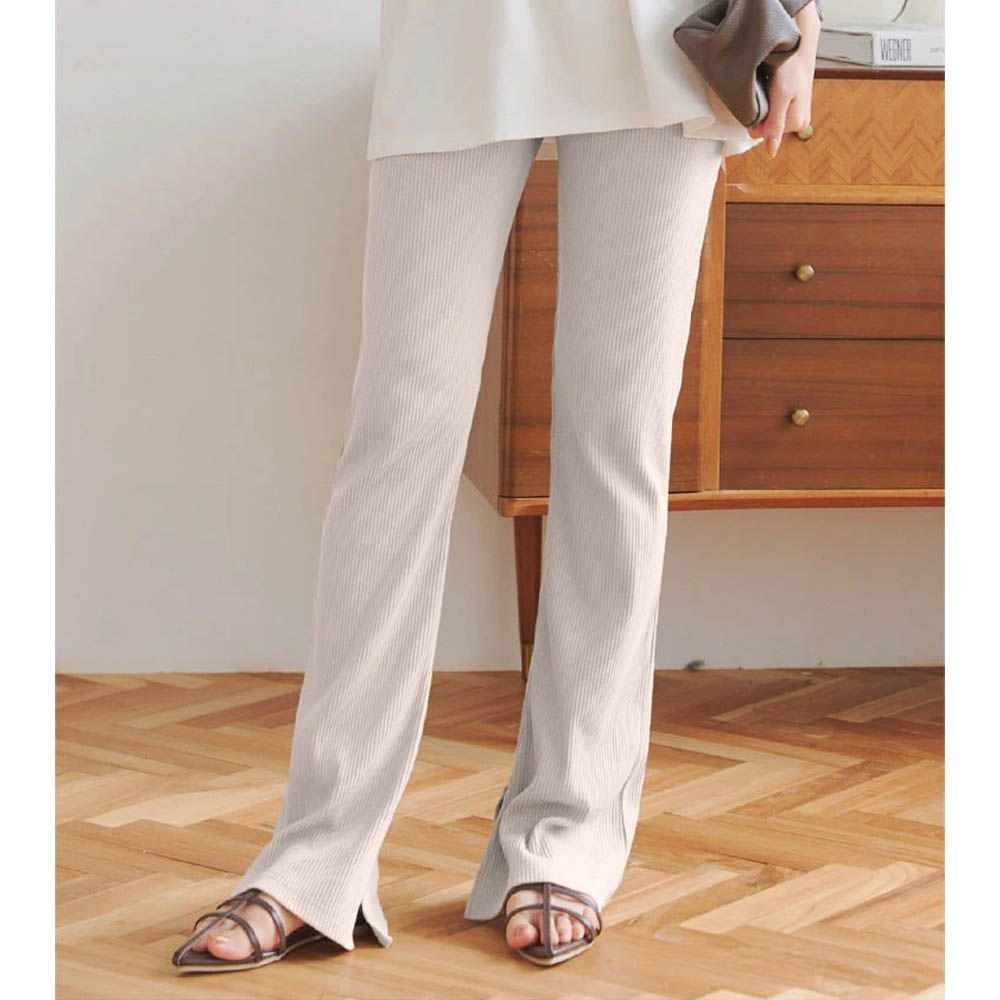 舒適細坑條美腿開叉喇叭褲-(可選長度)-奶油杏