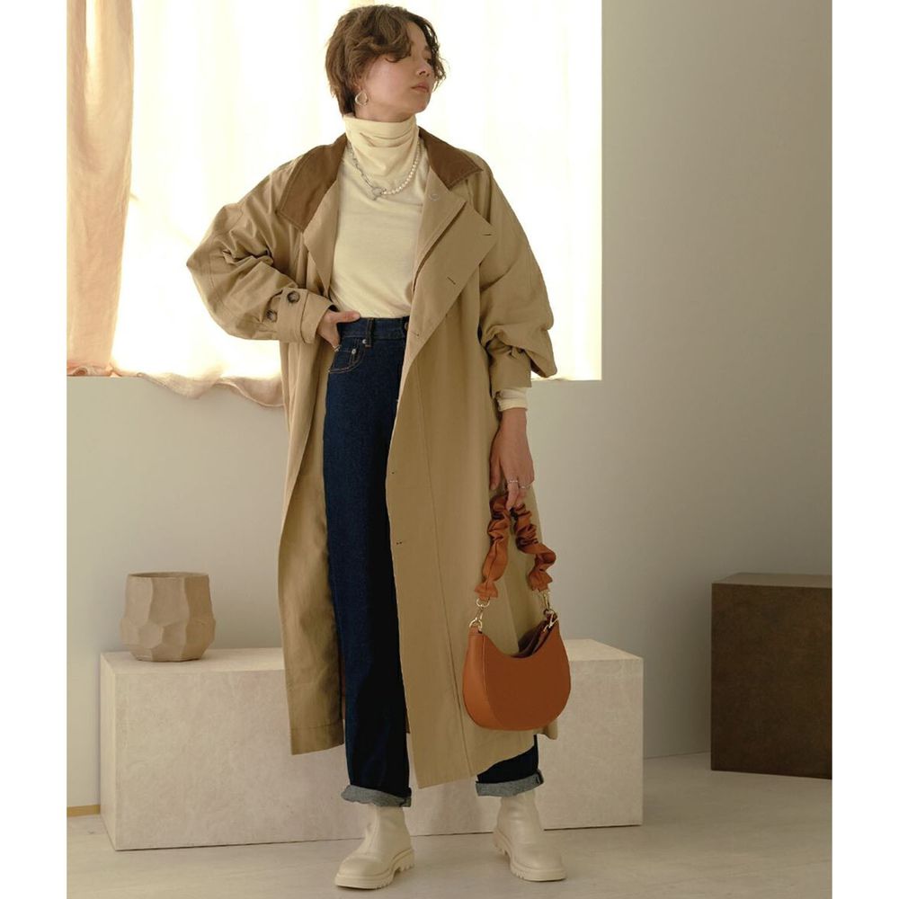 日本 Bou Jeloud - 時尚設計剪裁撞色拼接純棉長版風衣外套-杏