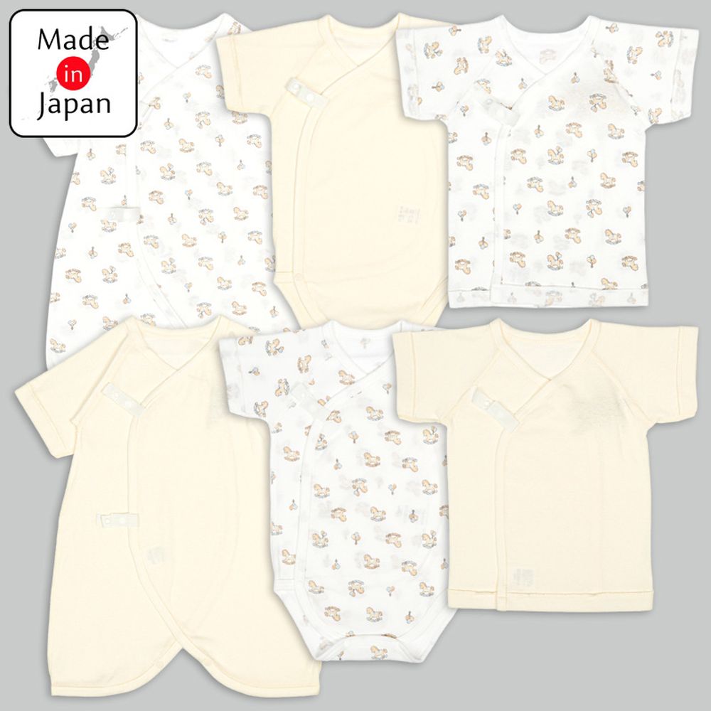 新生兒內衣6件組短袖7分袖羅紋針織布-木馬-奶油色 (50~60cm)