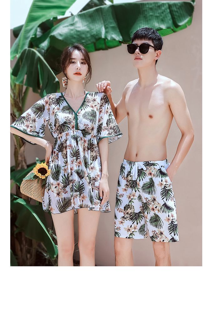 男士泳褲-復古葉片-棕+綠+白