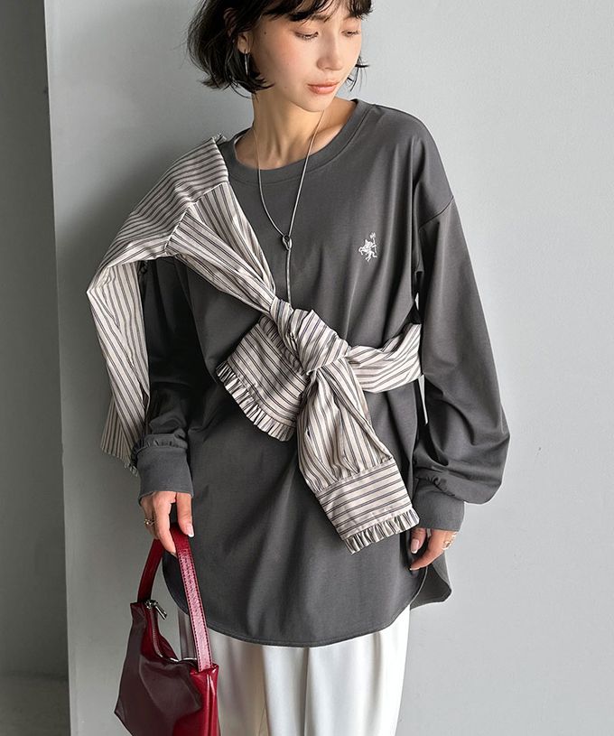 日本 Classical Elf - 休閒背扣logo刺繡寬版長袖上衣-黑