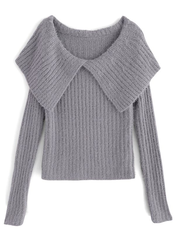 日本 GRL - 優雅甜美毛絨感大翻領針織上衣-黑