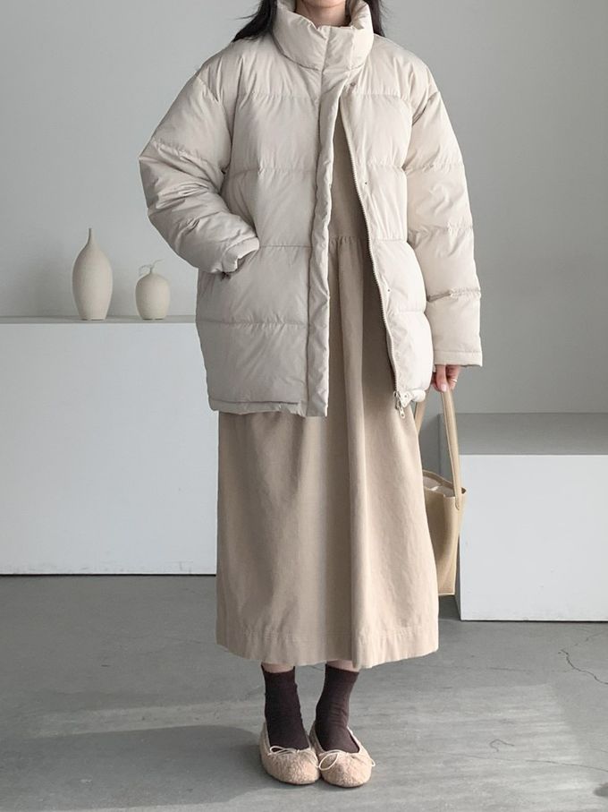 韓國女裝連線 - 極簡大口袋燈芯絨連身洋裝-米杏 (FREE)