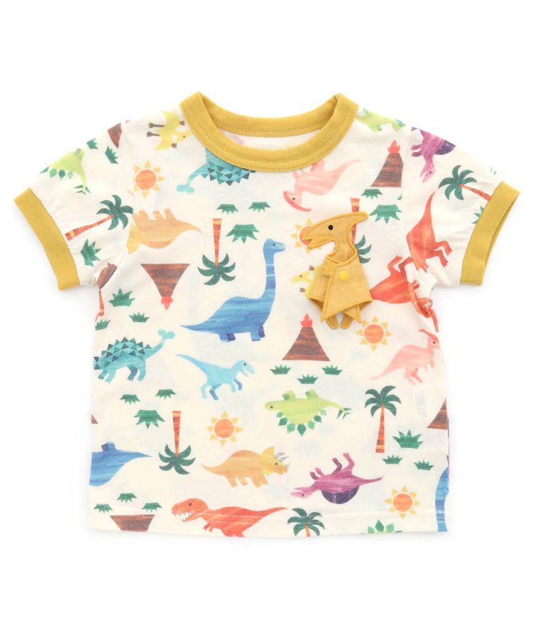 日本 BIT'Z - 水彩風滿版恐龍短袖上衣-胸口翼手龍-米黃