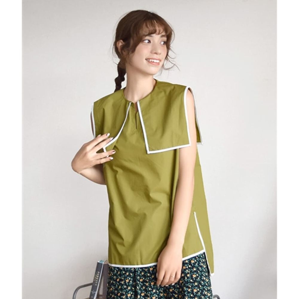 日本 zootie - 復古撞色方領前短後長無袖上衣-橄欖綠
