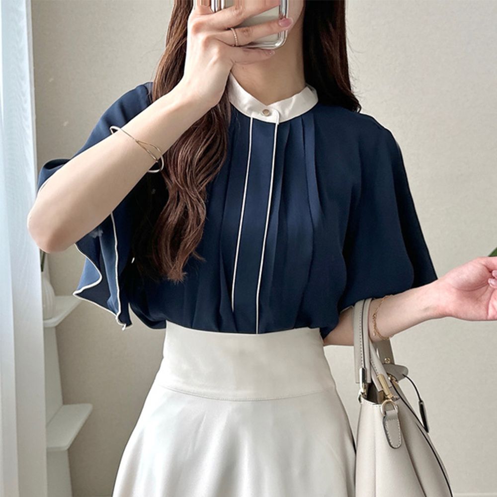 甜美皺摺雪紡五分袖襯衫-黑 (F)