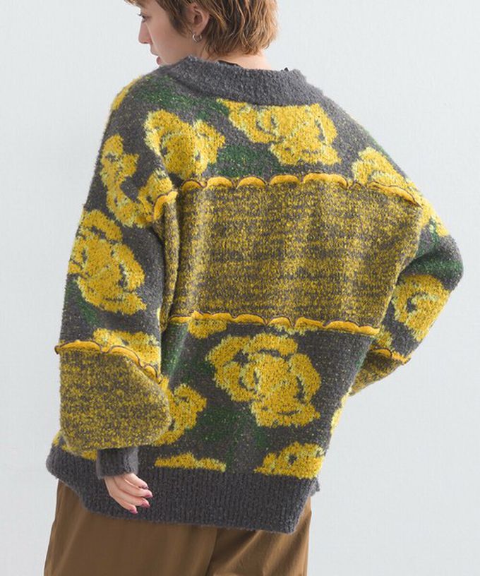 日本 Lupilien - 毛茸感華麗大花朵針織上衣-海軍藍