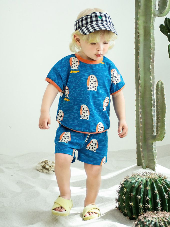 韓國 Pimpollo - 長耳斑點狗狗印短袖套裝-藍X磚紅