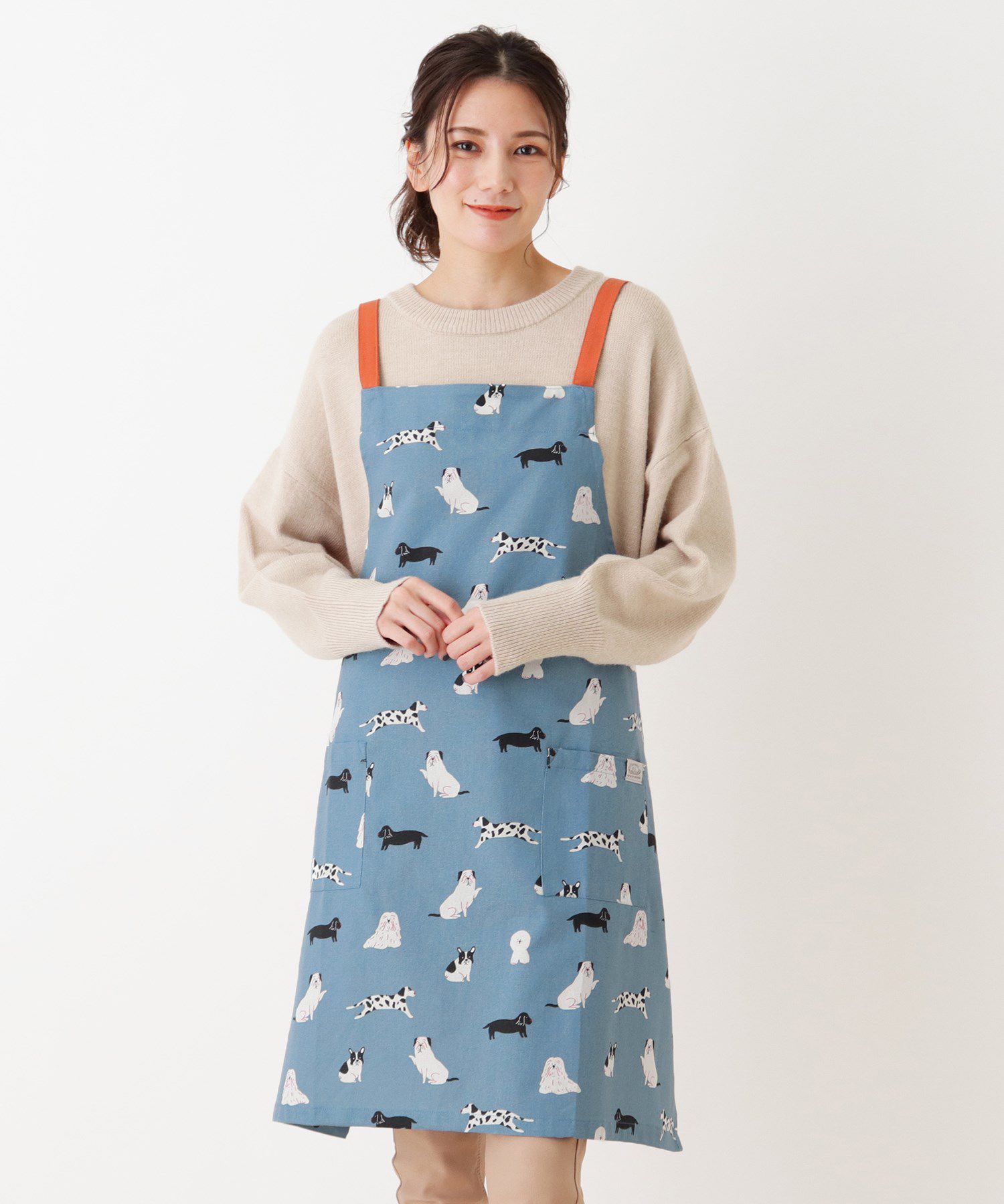 日本代購 - 印度棉大人料理圍裙(雙口袋)-狗狗散步-灰x黃