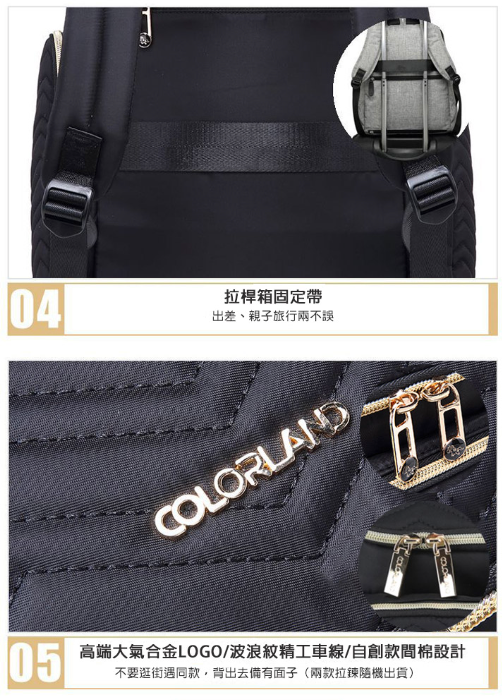 Colorland - 菱格紋大容量後背包 附USB充電接頭-深藍色款 (29*16*37cm)