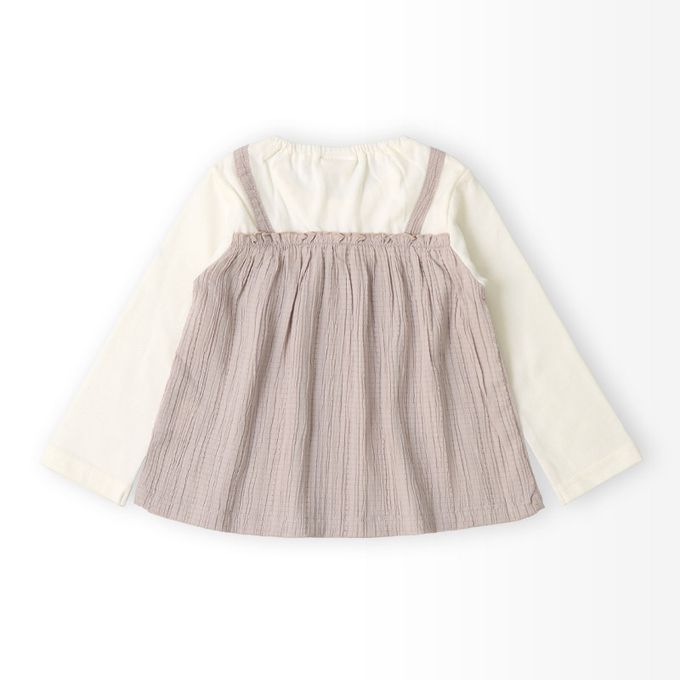 日本 ZOOLAND - 假二件典雅緹花長袖上衣-櫻桃刺繡-藕粉