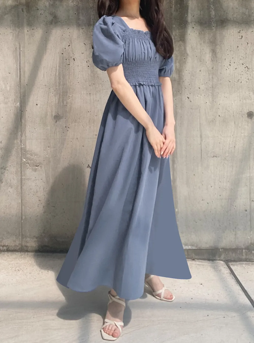 日本 GRL - 優雅公主方領泡泡袖洋裝-星塵藍 (M)