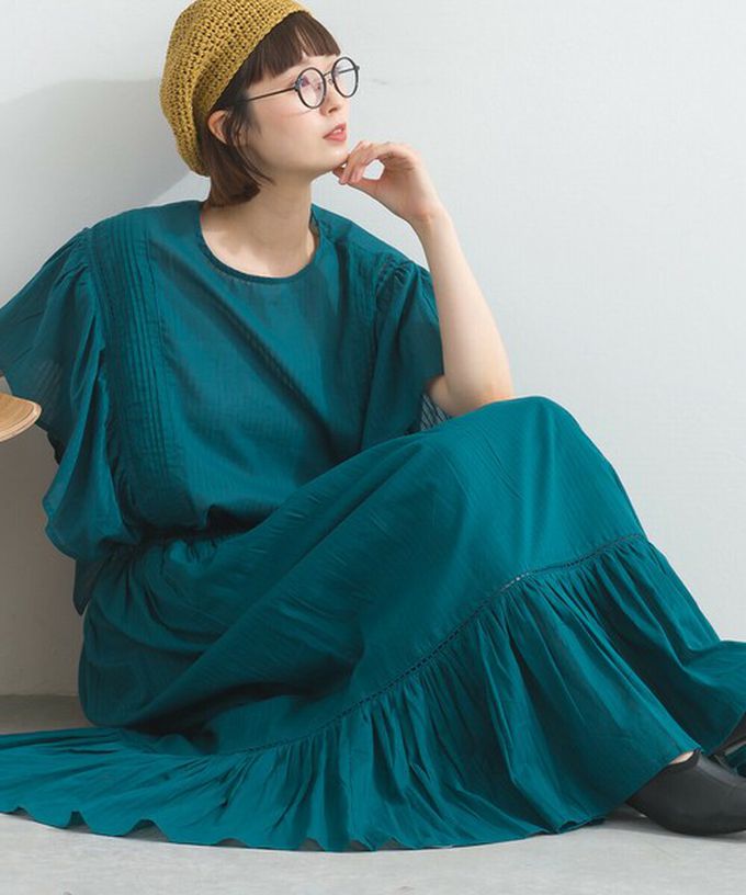 日本 Lupilien - 100%印度棉 飄逸緹花下擺鬆緊長裙-土耳其綠