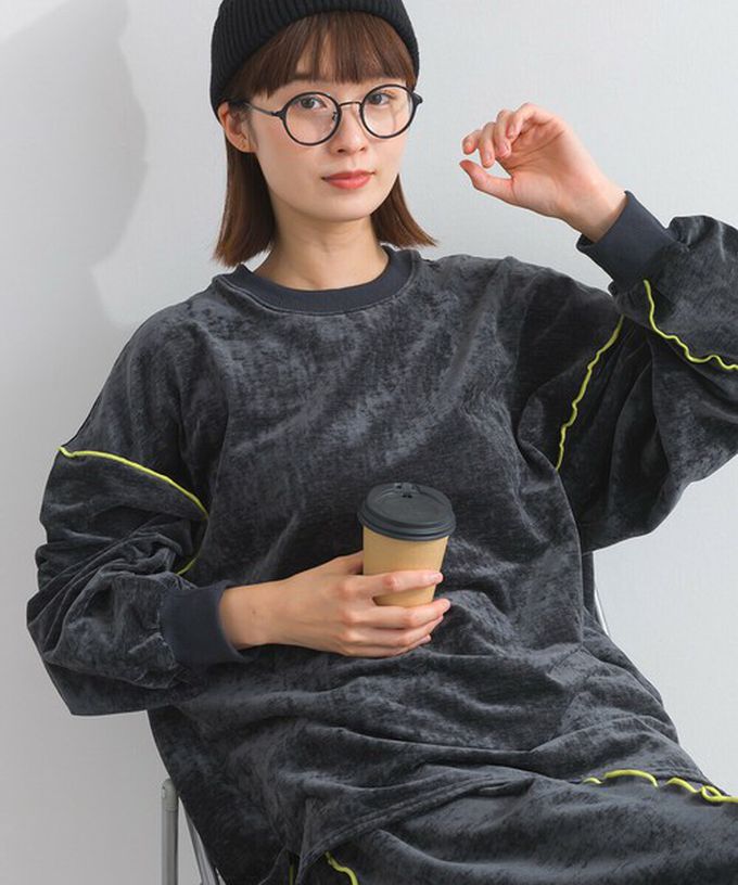 日本 Lupilien - 木耳縫線休閒絨面長袖上衣-淺灰