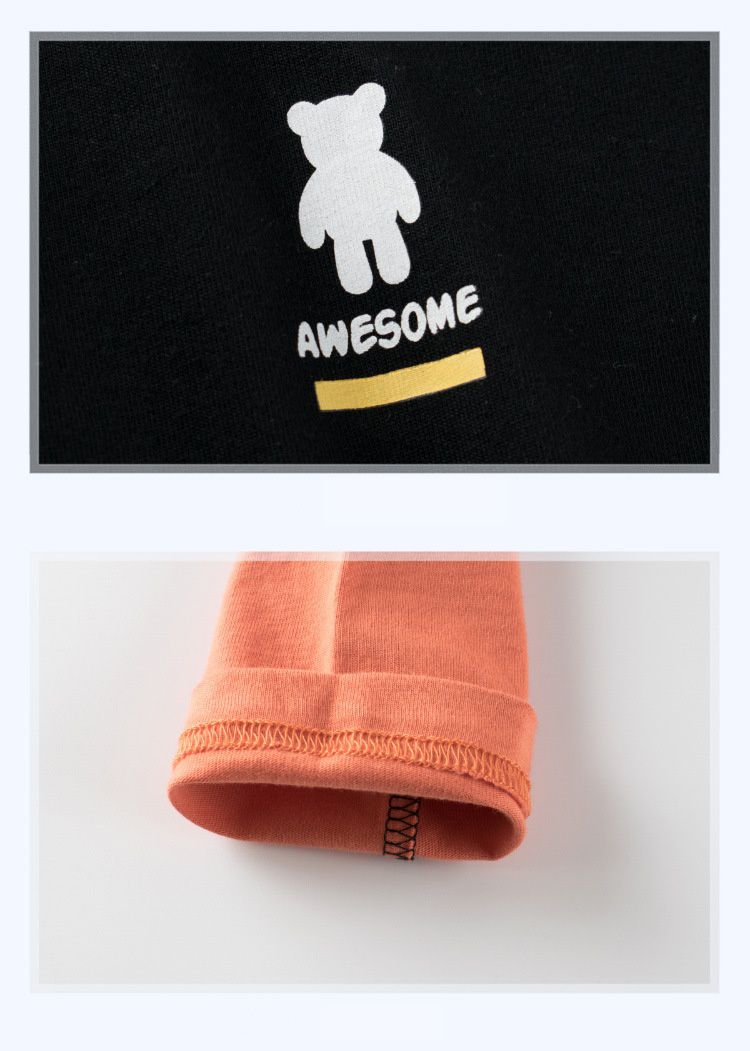 純棉拼接長袖上衣-熊熊-黑+磚紅