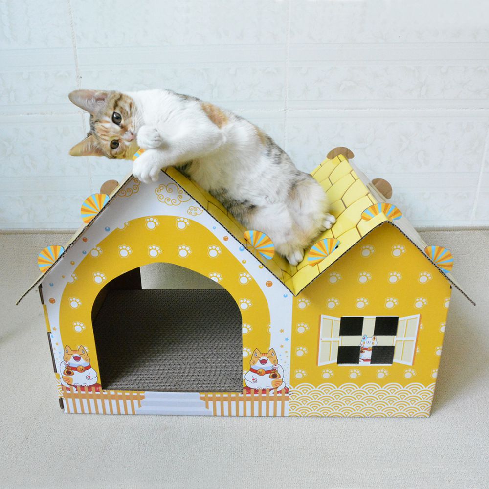 瓦愣紙製造型貓抓屋-歐風雙房-藍色 (53.5x35.x38cm)