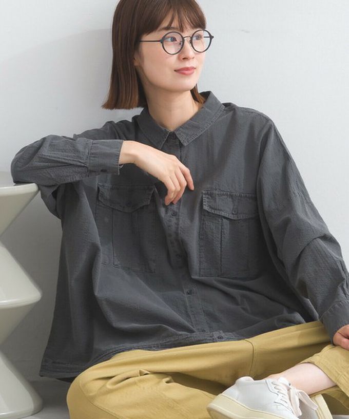 日本 Lupilien - 復古紋理率性抽繩純棉落肩襯衫-米白