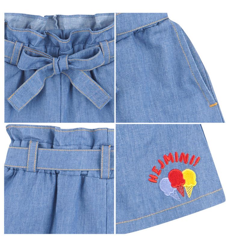 韓國 HEJMINI - 蝴蝶結綁帶軟牛仔短褲-藍
