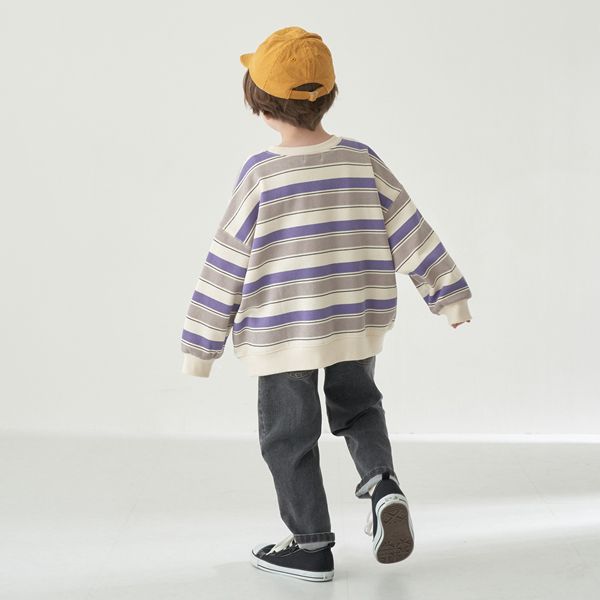 日本 b-ROOM - 裏起毛亮色系大落肩條紋上衣-黑灰系