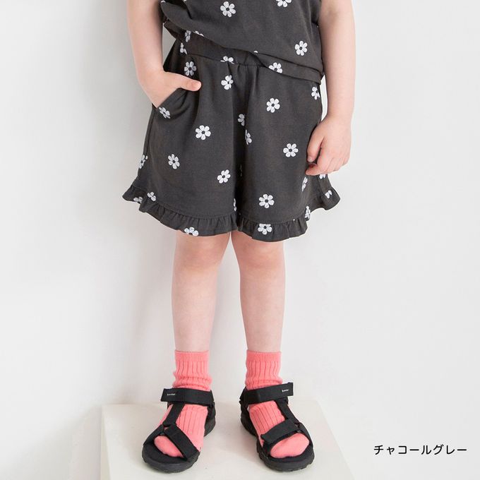 日本 BRANSHES - 純棉荷葉邊女孩印花短褲-素面-粉紅